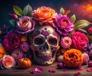 Décor floral avec tête de mort embellissement